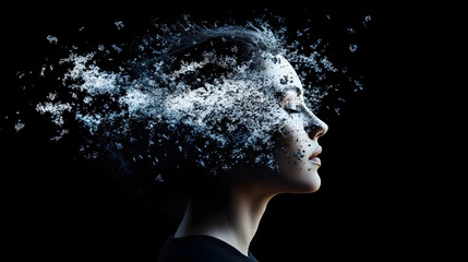 Artistic digital composition of human profile disintegrating