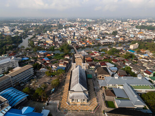 Aerial View of the Cathedral of the Immaculate Conception in Chanthaburi, Thailand &ndash; Landmark Gothic Church in a Historic Town Surrounded by Traditional Architecture