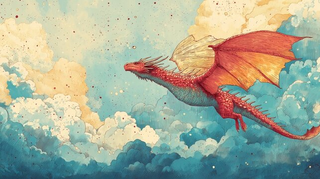 雲海を翔ける青き魔獣、羽ばたく翼と鮮やかな鱗が幻想的に輝く、異世界ファンタジー、空中バトル、魔法、神話の空の物語