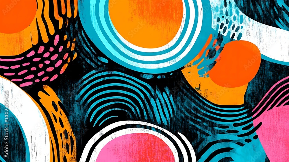 Aufkleber vibrant abstract pattern featuring colorful circles and dynamic lines on a textured dark background