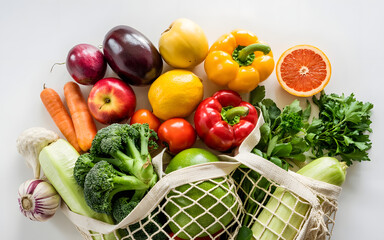 Vibrant Produce in Mesh Bag: A colorful assortment of fresh fruits and vegetables overflows from a reusable mesh shopping bag, showcasing a healthy and vibrant harvest.