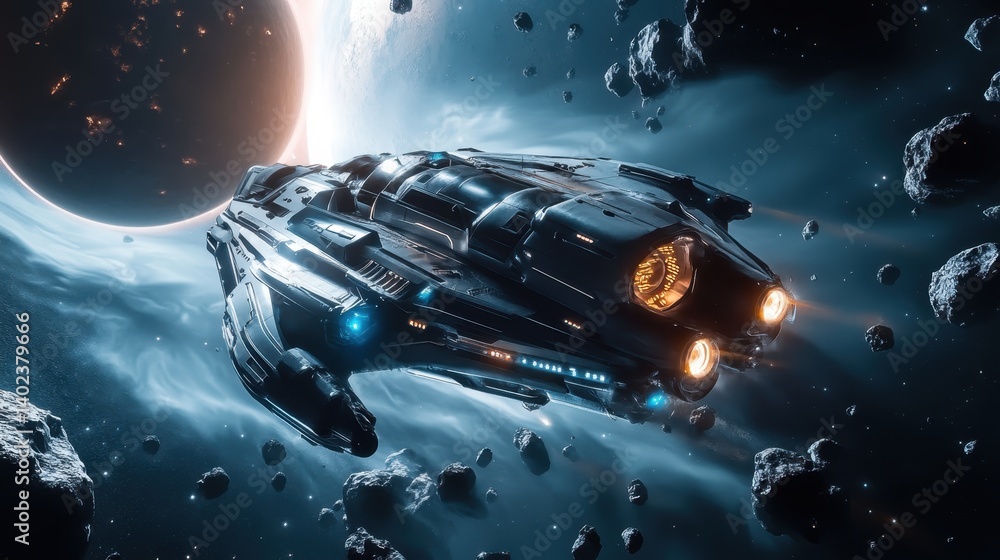 Aufkleber spaceship traveling through an asteroid field near a distant planet in a deep space setting