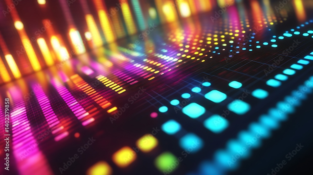 Poster vibrant abstract visualization of sound waves with colorful bars and dots on a dark background