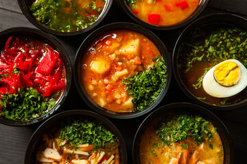 Business lunch in eco plastic container ready for delivery.Top view. Office Lunch boxes with food ready to go. Food takes away. Catering, brakfast.