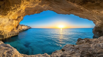 Serene Coastal Cave View at Sunset with Calm Waters and Vibrant Sky