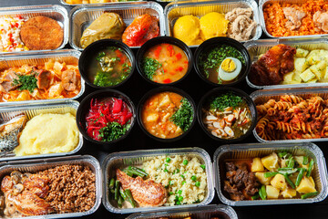 Business lunch in eco plastic container ready for delivery.Top view. Office Lunch boxes with food ready to go. Food takes away. Catering, brakfast.