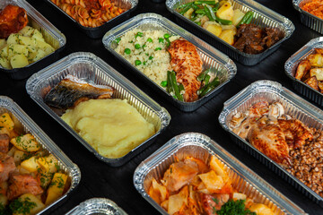 Business lunch in eco plastic container ready for delivery.Top view. Office Lunch boxes with food ready to go. Food takes away. Catering, brakfast.
