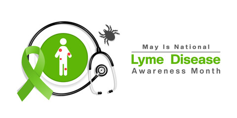 May is Lyme Disease Awareness Month. People, bug, ribbon and stethoscope. Great for posters, banners, social media and more. White background.