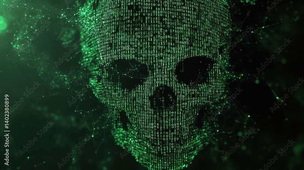 Poster vector illustration of a skull made from green binary code. represents internet piracy, hacking, and