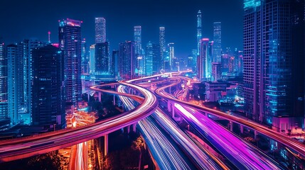 Naklejka premium Cityscape at Night with Overpass and Light Trails
