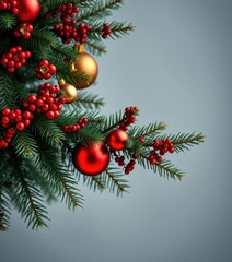 Obraz premium Dark green fir branch adorned with red and gold ornaments, rustic, luxury