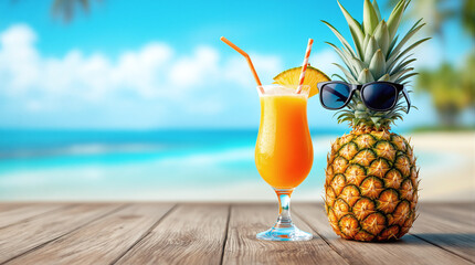 A pineapple in stylish glasses stands next to a cocktail on a tropical beach. A bright, humorous scene for summer banners and drink ads