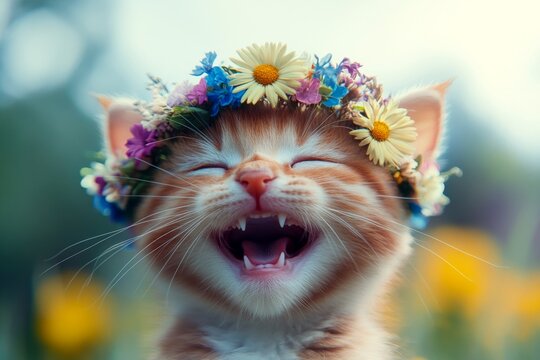 Sunny daylight. Cute baby cat pixiebob wearing fierce flower crown on its head. Holiday season happiness. Playful kitten with a wreath. Happy wanderer in a flower field. Summer joy for pets.