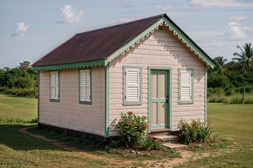 Small wooden countryside house with shutters surrounded by green grass plants and tropical palm trees on sunny summer day
