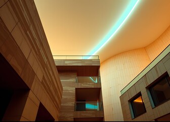 A precise architectural photograph showcases a modern, double-color, futuristic neon background featuring natural earth tones.  Browns, beiges, and muted colors highlight detailed structures