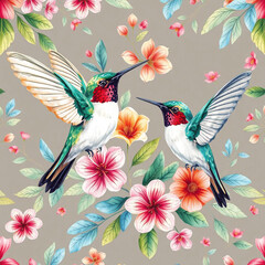 Colorful Hummingbirds with Tropical Flowers, Botanical Art Illustration