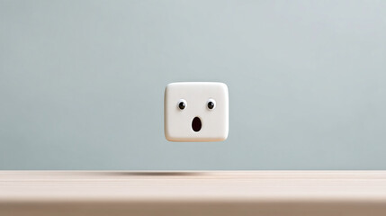 Floating White Cube Face with a Surprised Expression