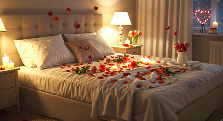 Romantic Bed with Rose Petals for Valentine's Day – Hyper-Realistic Scene