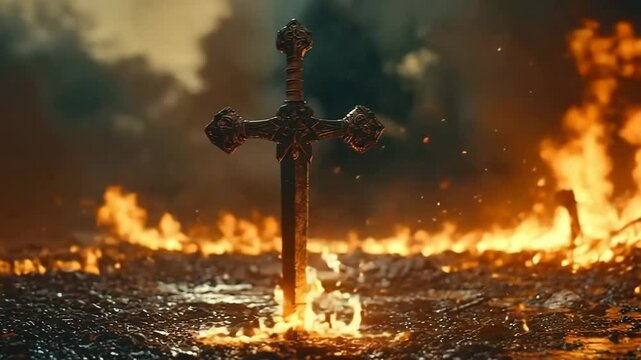Burning Battleground A Cross of Swords on a Medieval Shield