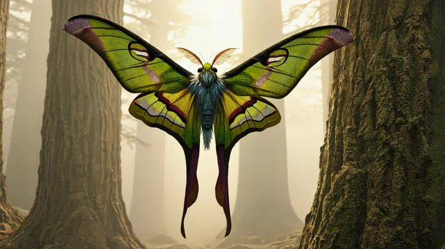 Detailed Luna moth with striking colors, flitting through a light filled forest with tall trees, creating a mystical scene