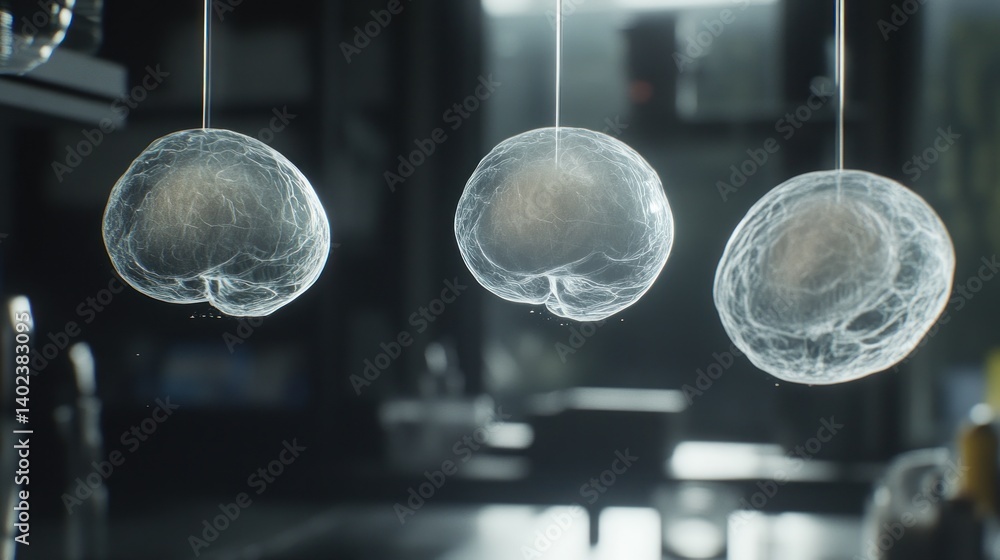 Poster floating, translucent orbs in a lab setting
