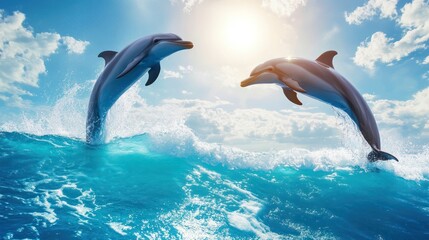 Two playful dolphins leap majestically through azure ocean waves.
