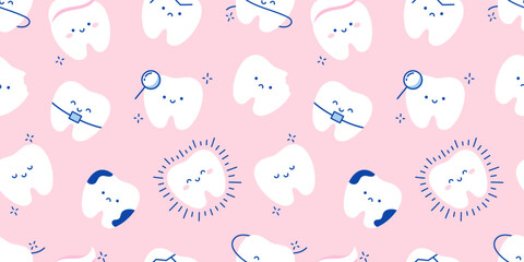 Teeth on pink background. Seamless pattern with teeth. Baby pattern. Dental health care cartoon vector illustration for children dentist cabinet. Dental care background for kids, funny teeth dentistry