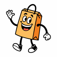Groovy retro grocery bag character cartoon vector fun whimsical eco friendly shopping bag groceries food organic