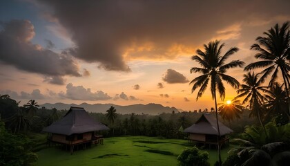 Tropical Sunset over Rice Paddies and Cottages