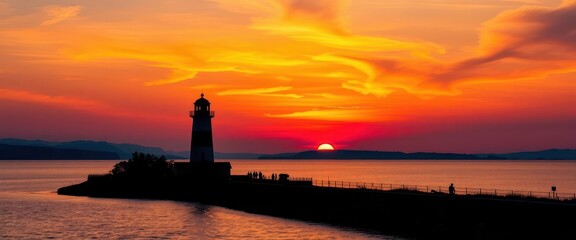 Solitary lighthouse silhouetted against vibrant sunset over Lake Neusiedl, dark, twilight