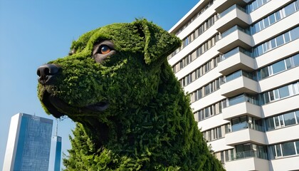 Green Dog topiary in front of modern building