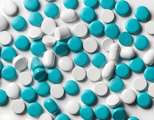 Teal and White Pills Scattered on White Background