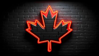 Neon Maple Leaf on Brick Wall