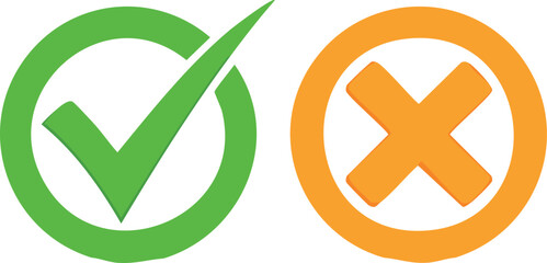 Vector Green Checkmark and Orange X Symbol Icons with Flat Design and Contrasting Colors