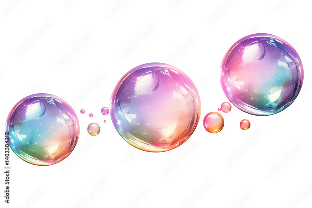 Poster a group of iridescent soap bubbles floating against a stark in a horizontal line on transparent back