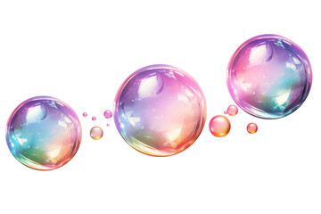 A group of iridescent soap bubbles floating against a stark in a horizontal line  on transparent background png