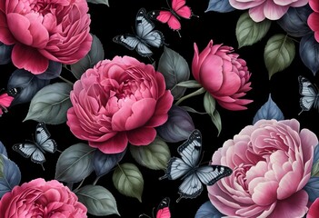 Dark Floral Seamless Pattern with Pink Peonies and Butterflies