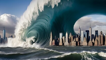 Massive Tsunami Wave Threatening City Skyline