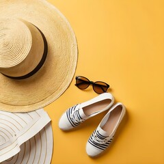 Summer Vacation Essentials Straw Hats, Striped Espadrilles, Sunglasses