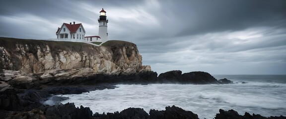 Dramatic Coastal Lighthouse on Rocky Cliffs during Stormy Weather