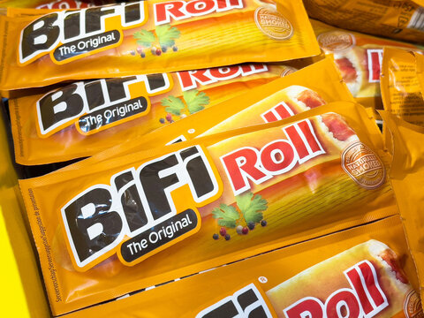 Bifi roll packaging displayed in supermarket shelf