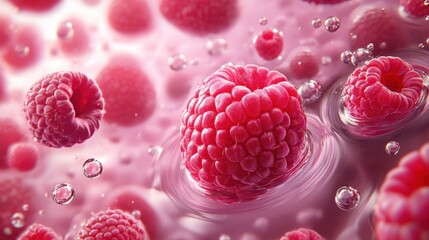 Plump raspberries float in a pool of vibrant red liquid, creating a visually striking and refreshing scene. The droplets and colors evoke a sense of sweetness and vitality.