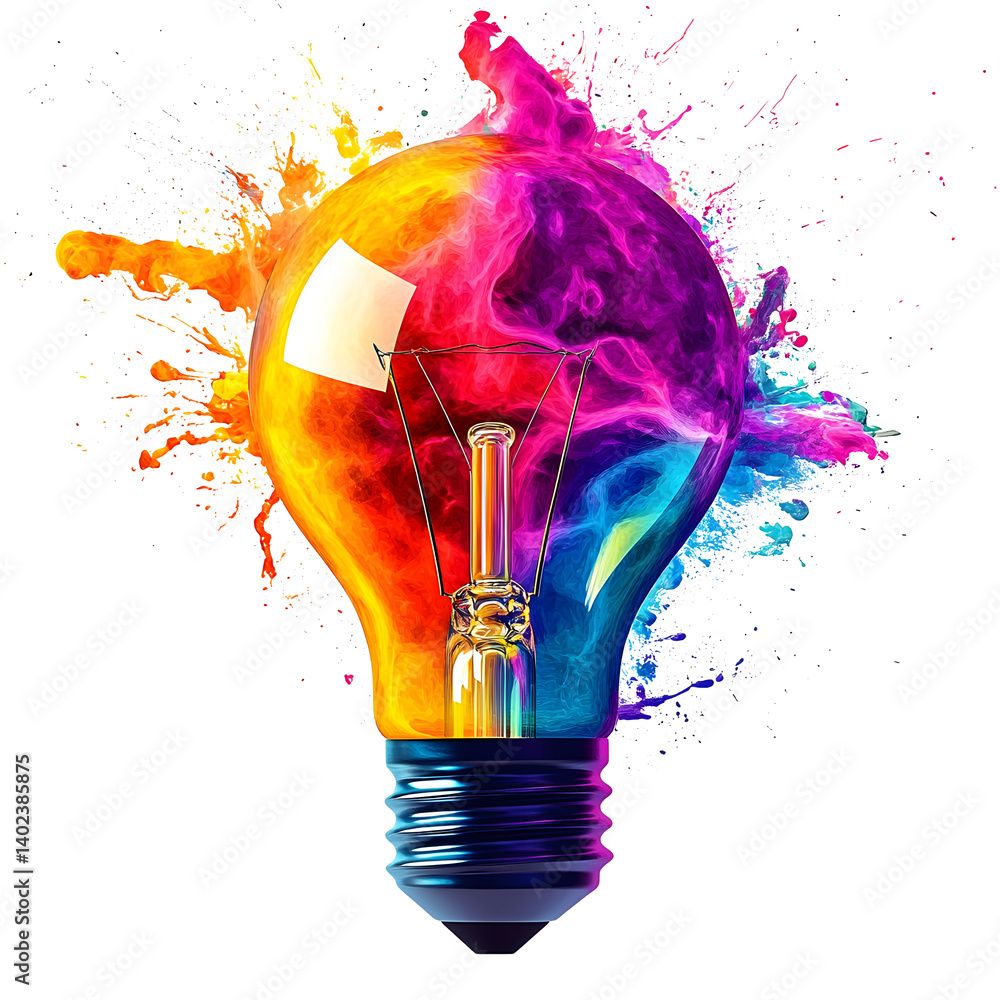 Poster a colorful glowing idea bulb lamp, isolated design element on transparent background, visualization 