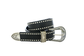 Black western belt with silver buckle with floral motifs isolated on white background.