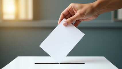 A close-up of a hand placing a paper ballot into a white ballot box during an election. This image represents democracy, voting rights, election day, civic responsibility, and political participation.