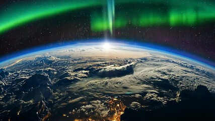 Spectacular view of Earth from space featuring aurora borealis lights, clouds, mountains, and city lights at night.