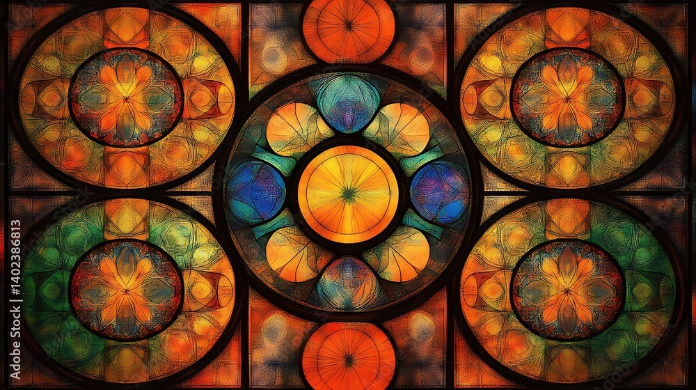 Poster vibrant stained glass artwork featuring intricate circular patterns and vivid colors, creating a stu