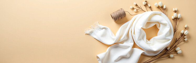 White Light Scarf Wrapped Around A Spool Of Twine Surrounded By Reed Flowers On An Isolated Beige Background.