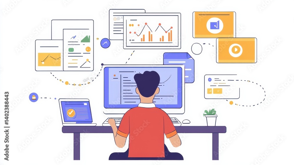 Poster person using laptop with digital icons for analytics and automation floating above the keyboard illu