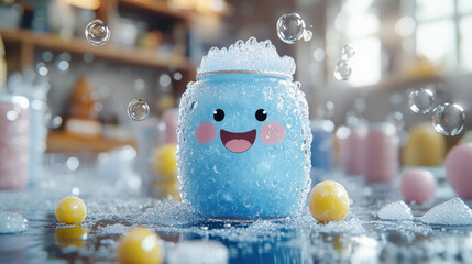 Cute Blue Bubble Jar with Smiling Face and Floating Colorful Balls